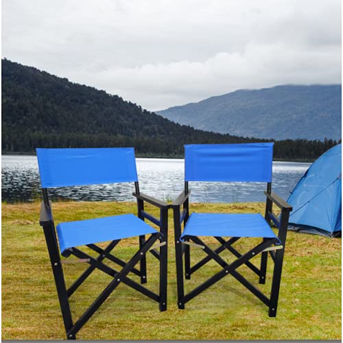 Set of 2 Folding Director Chairs, Solid Wood Canvas Fabric Camping Lawn Chairs, Blue E7831