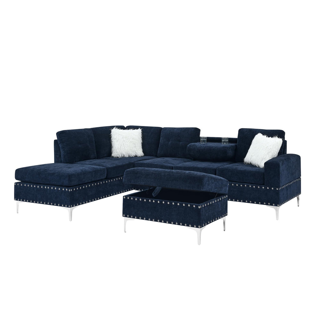 108'' Chenille Navy Blue L-Shaped Sectional Sofa with Storage Ottoman J8758