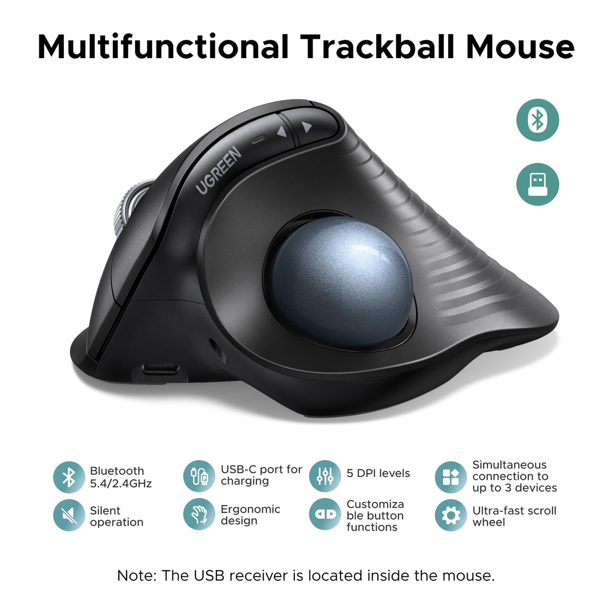Wireless Trackball Mouse, Bluetooth & 2.4G, Thumb Control I1369