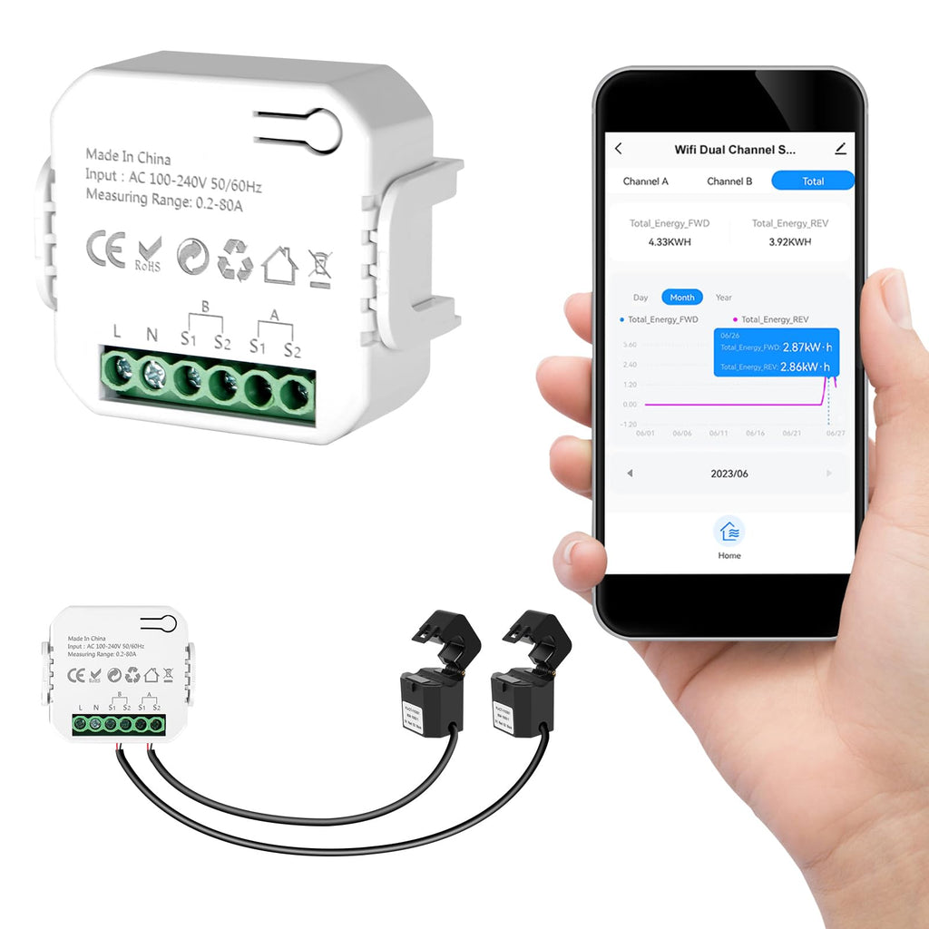 Smart Home Energy Monitor 2×80A Dual-Channel WiFi Energy Meter with App Control M385910
