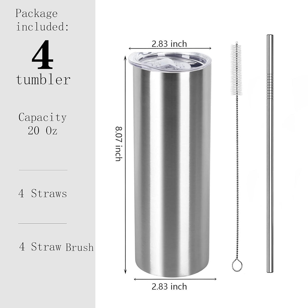 20 Oz Stainless Steel Skinny Tumbler Set, 4 Pack, Silver Z580