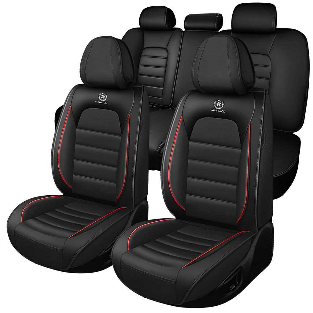 Waterproof Nappa Leather Car Seat Covers Standard 5 Seats Black & Red B60178