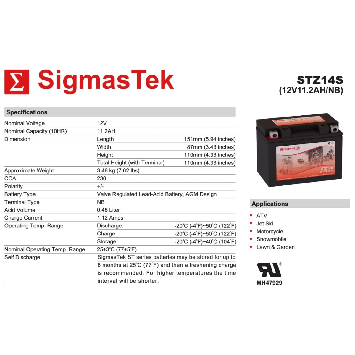 Sealed Lead Acid AGM Motorcycle Battery Y58396