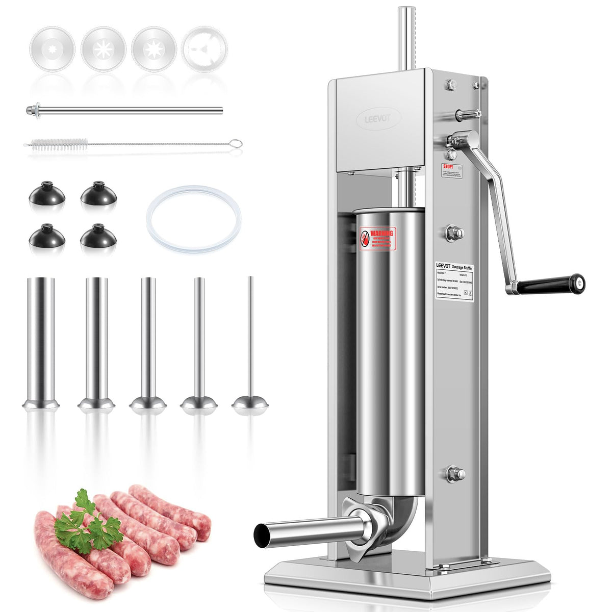 15LBS/7L Manual Stainless Steel Sausage Stuffer with 5 Stuffing Tubes A7162
