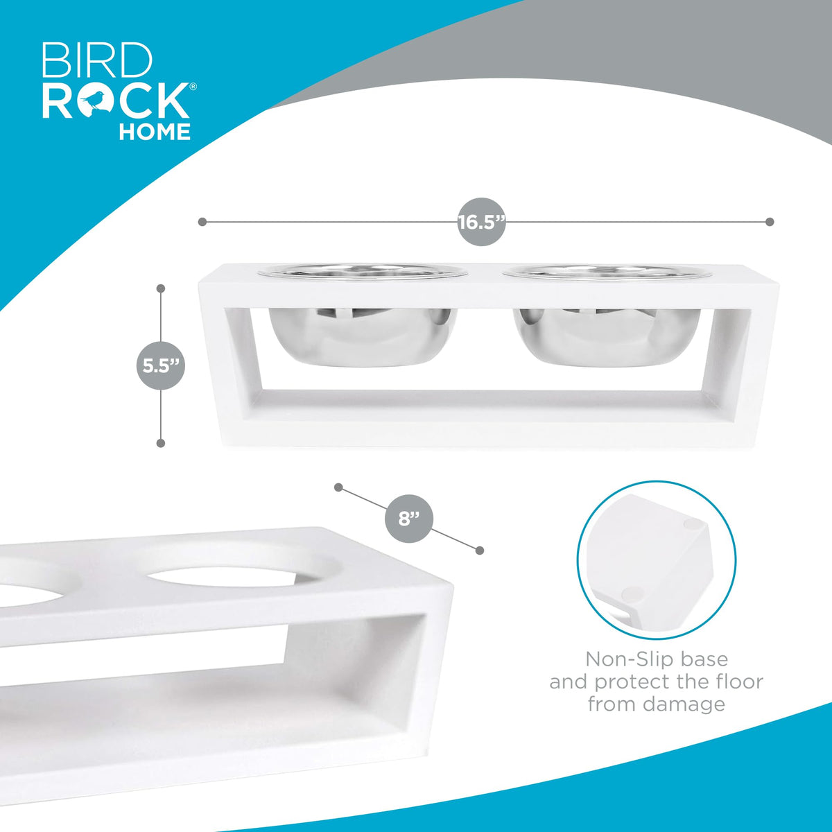 White Double Raised Pet Feeder with Stainless Steel Bowls C2942