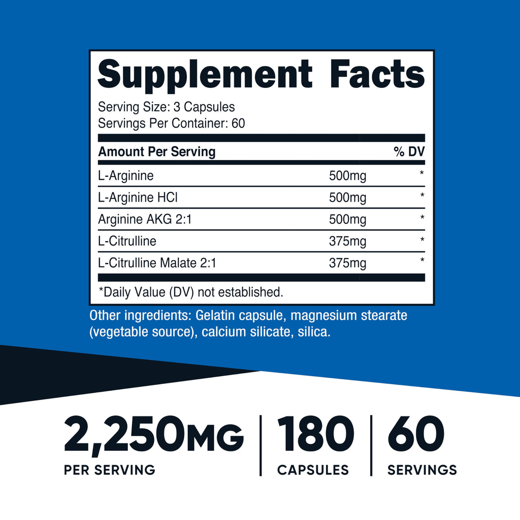 Nitric Oxide Booster 2250mg 180 Capsules Gluten Free E494
