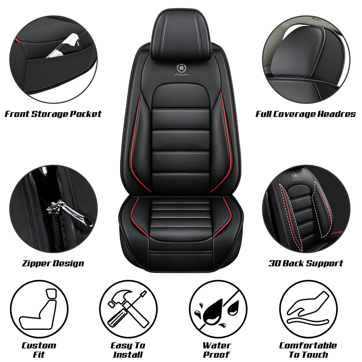 Waterproof Nappa Leather Car Seat Covers Standard 5 Seats Black & Red B60178