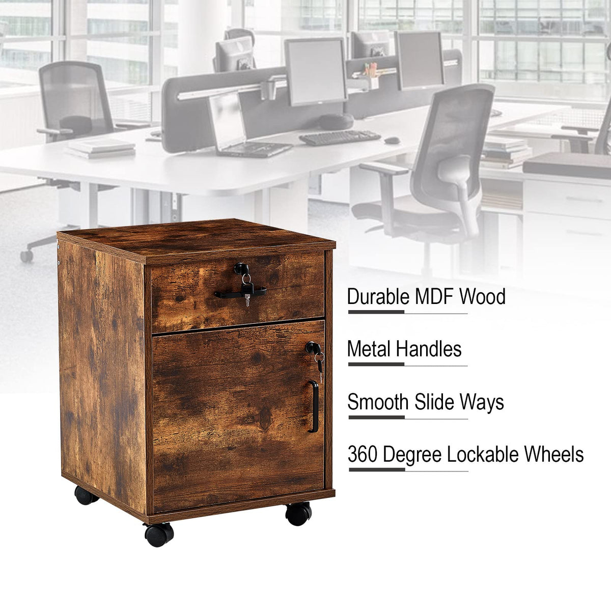 1 Drawer Wood File Cabinet with Lock and Wheels Q44131