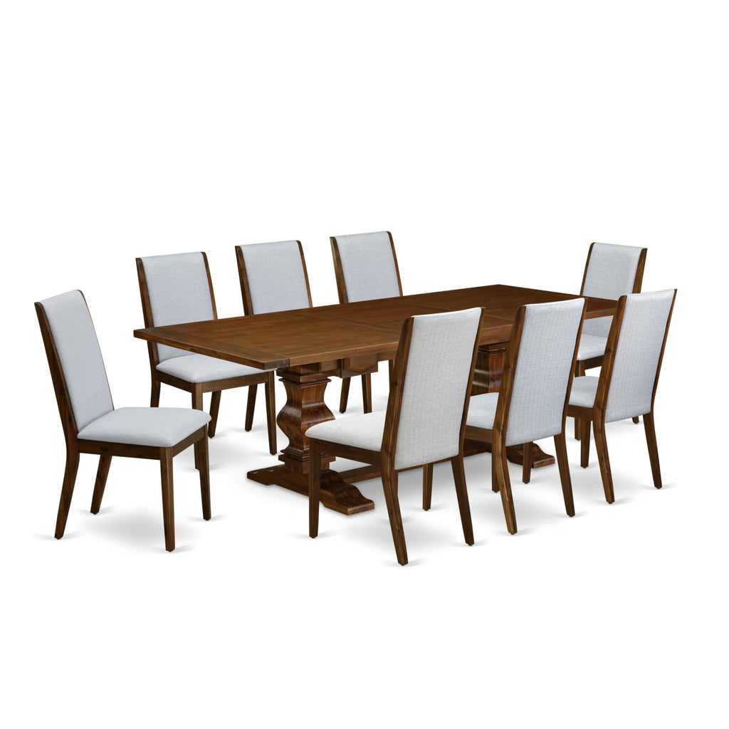 9 Piece Walnut Dining Room Set with 8 Grey Linen Chairs Q829