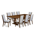 9 Piece Walnut Dining Room Set with 8 Grey Linen Chairs Q829
