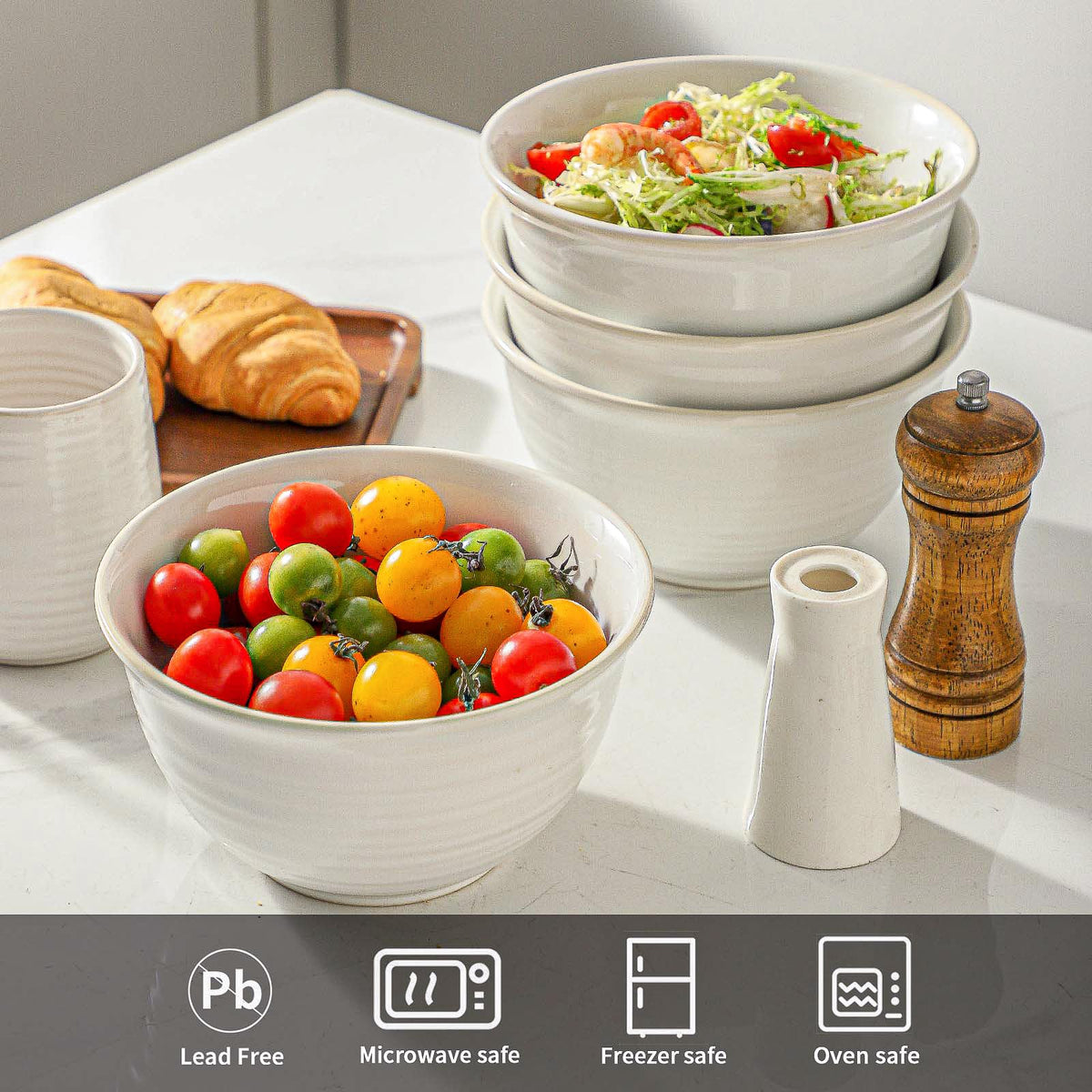 40 Ounce Deep Ceramic Soup Bowls, Microwave Safe & Dishwasher Safe, Creamy White O60225