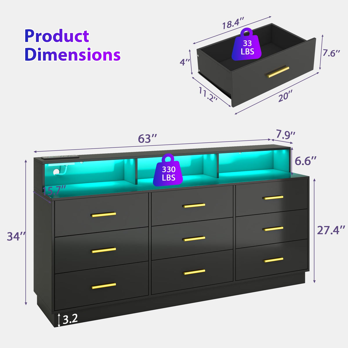 Black 9 Drawer Wood Dresser with LED Light and Power Outlet V72047
