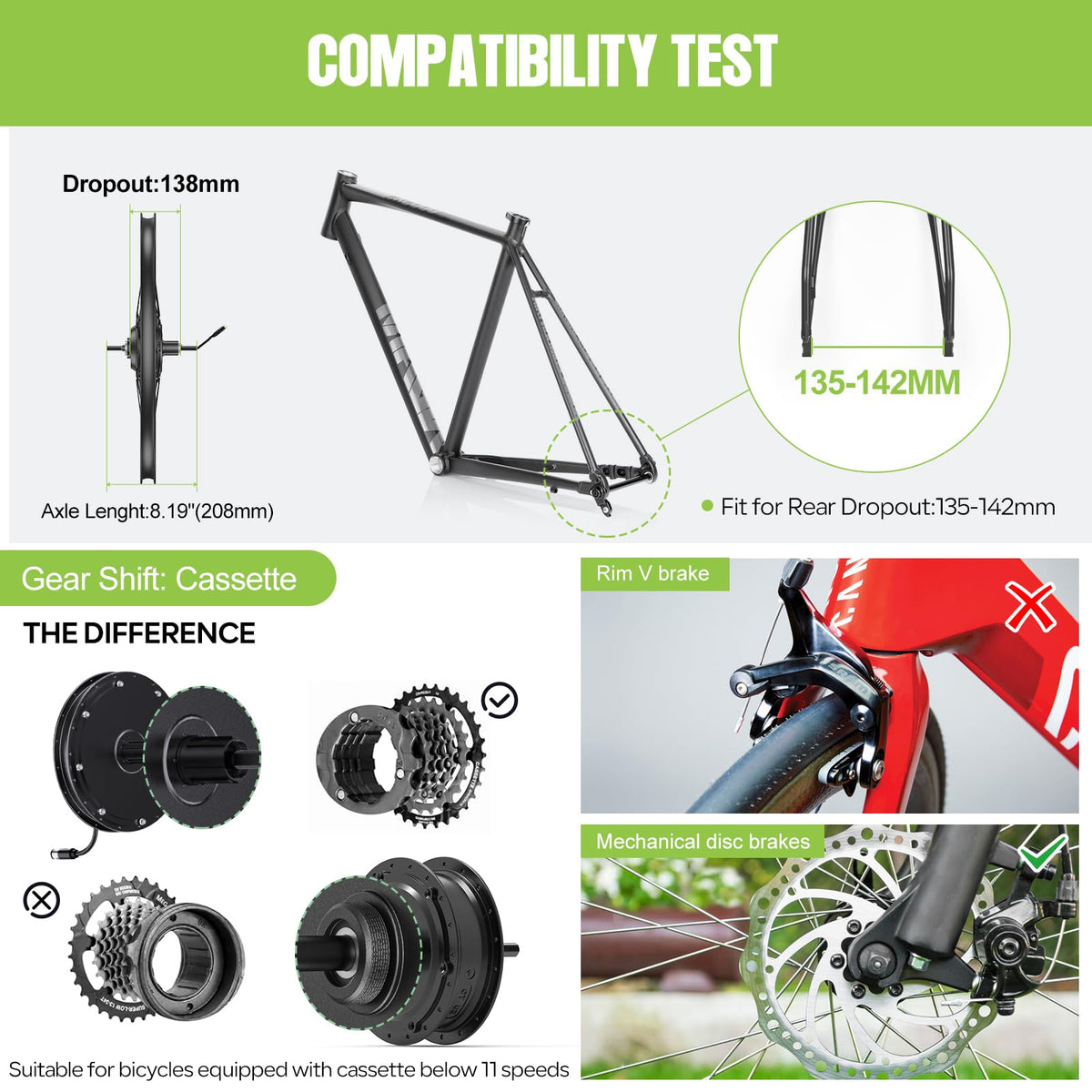 48V 1000W Electric Bike Conversion Kit Rear Wheel Hub Motor T952