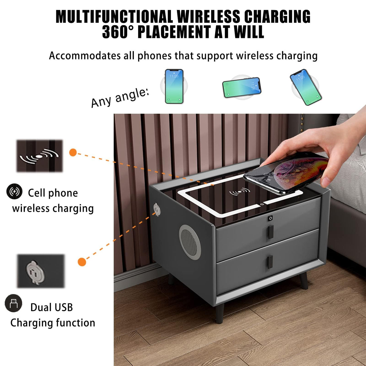 Gray 3 Drawer Smart Bedside Table Z82313