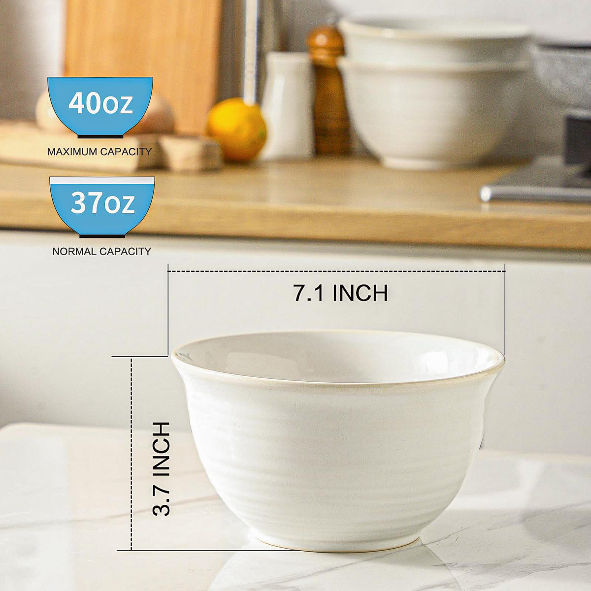 40 Ounce Deep Ceramic Soup Bowls, Microwave Safe & Dishwasher Safe, Creamy White O60225