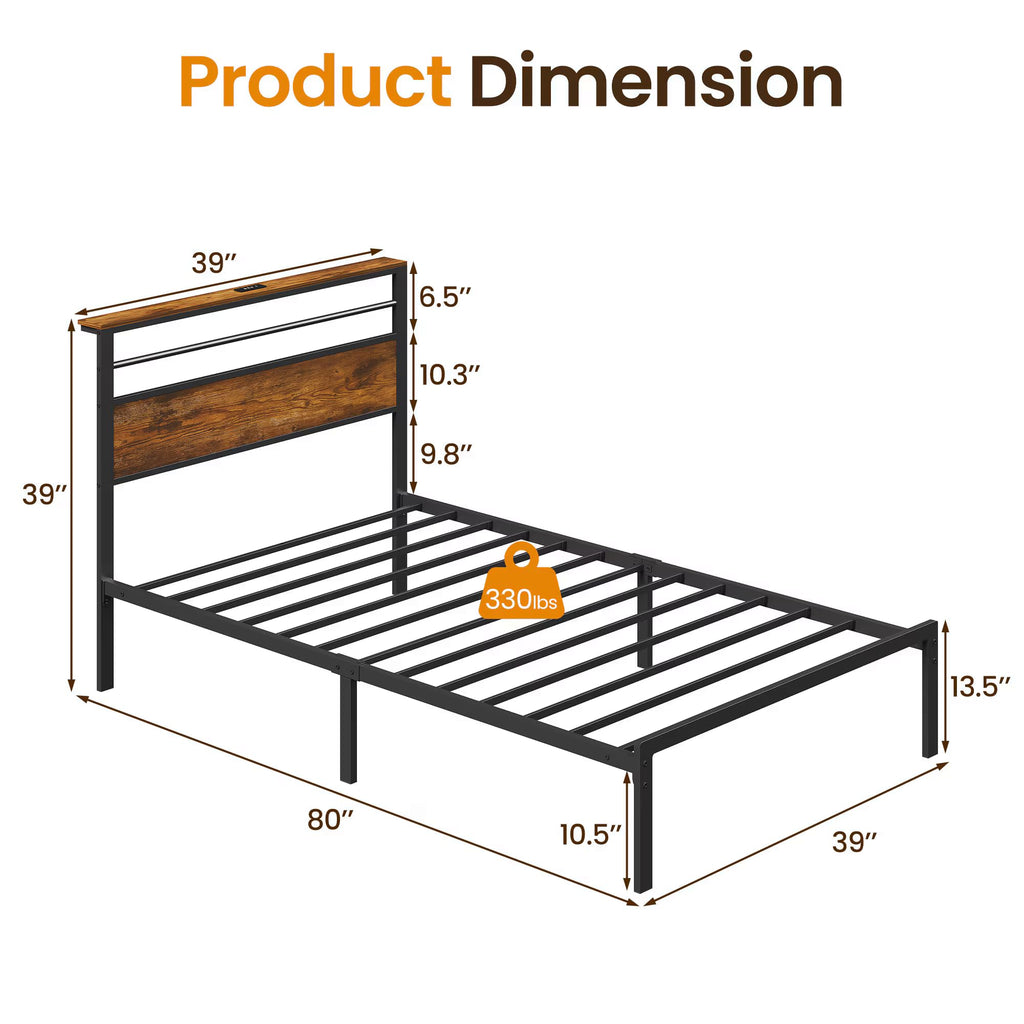 Twin Bed Frame with LED Lights & Charging Station I1687