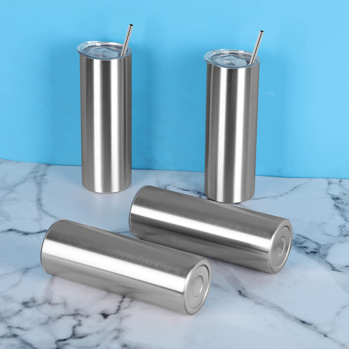 20 Oz Stainless Steel Skinny Tumbler Set, 4 Pack, Silver Z580