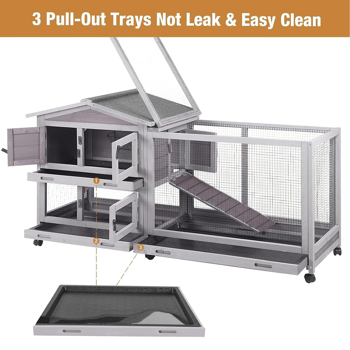 Indoor and Outdoor Rabbit Hutch with Casters Waterproof Roof C4495