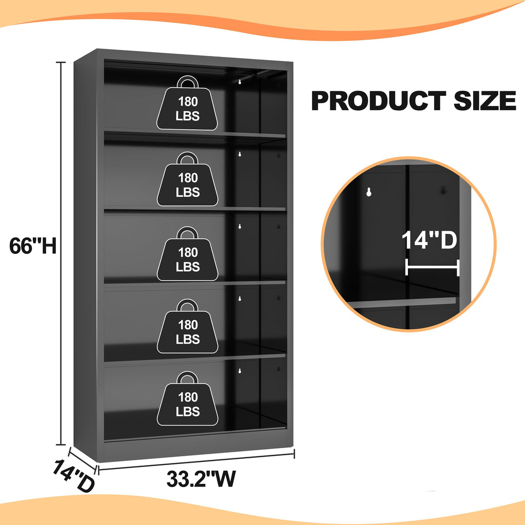 66" Tall Black Metal Bookcase with Adjustable Shelves X66519