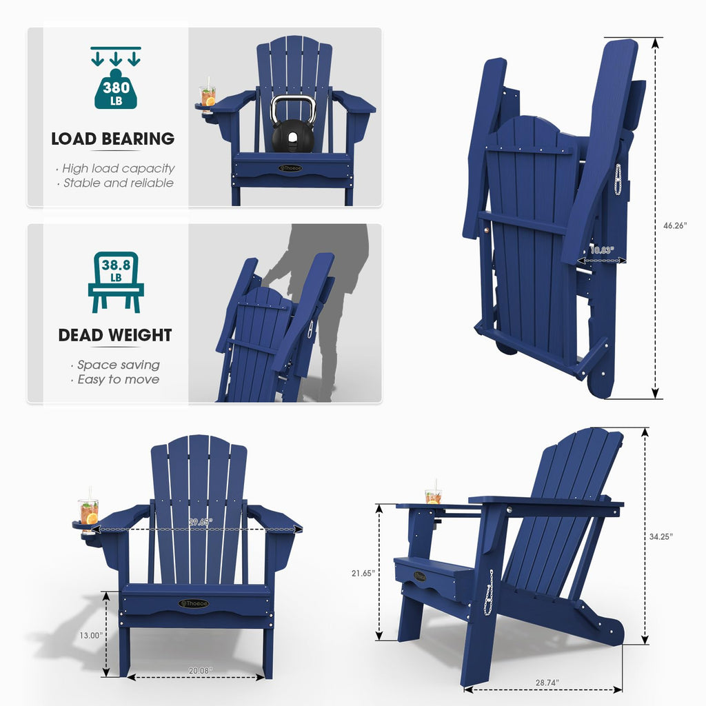 Folding Adirondack Chair Set of 2 HDPE All-Weather Outdoor Chair U625