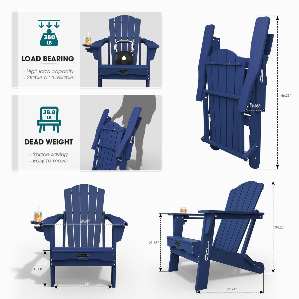Folding Adirondack Chair Set of 2 HDPE All-Weather Outdoor Chair U625