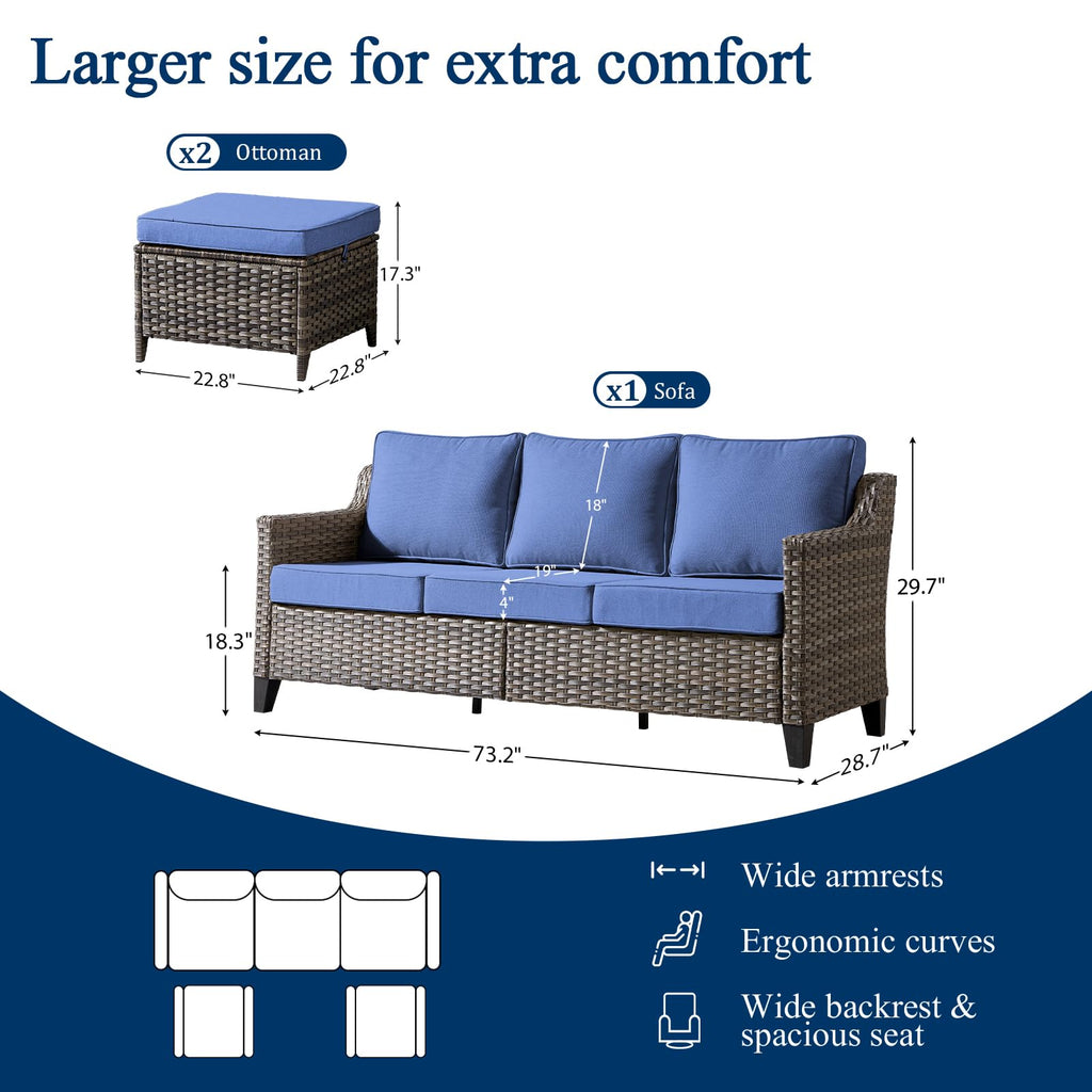 3 Pieces All Weather Wicker Patio Sofa Set with 2 Footstools V68740