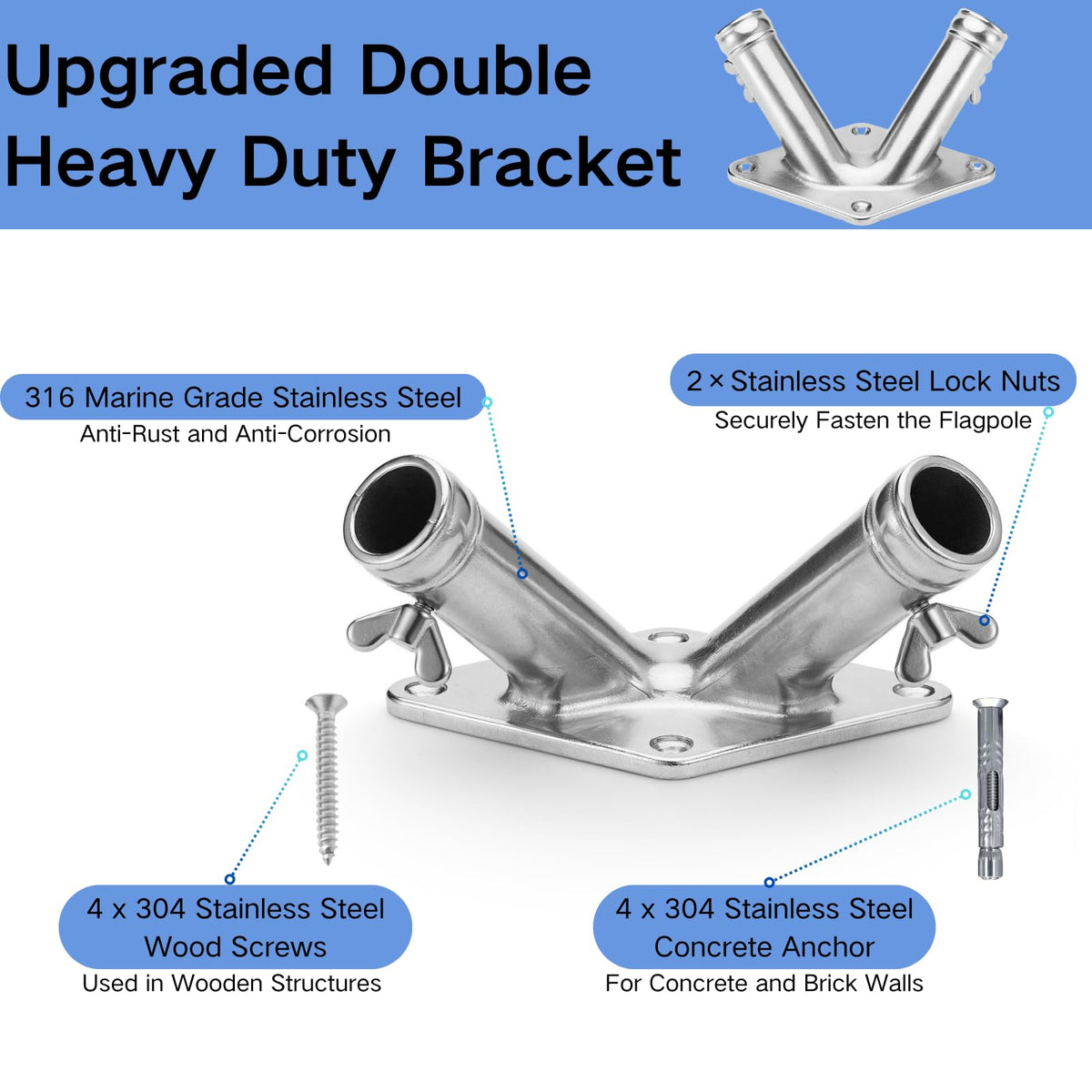 Double Flag Pole Holder 316 Stainless Steel Heavy Duty Q174