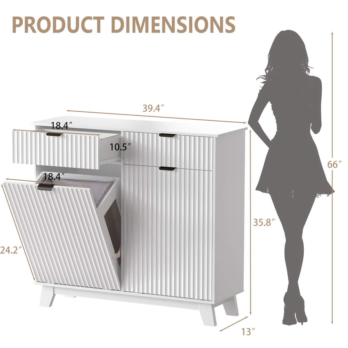 White 20 Gallon Double Tilt Out Laundry Hamper Cabinet with 2 Drawers P1201