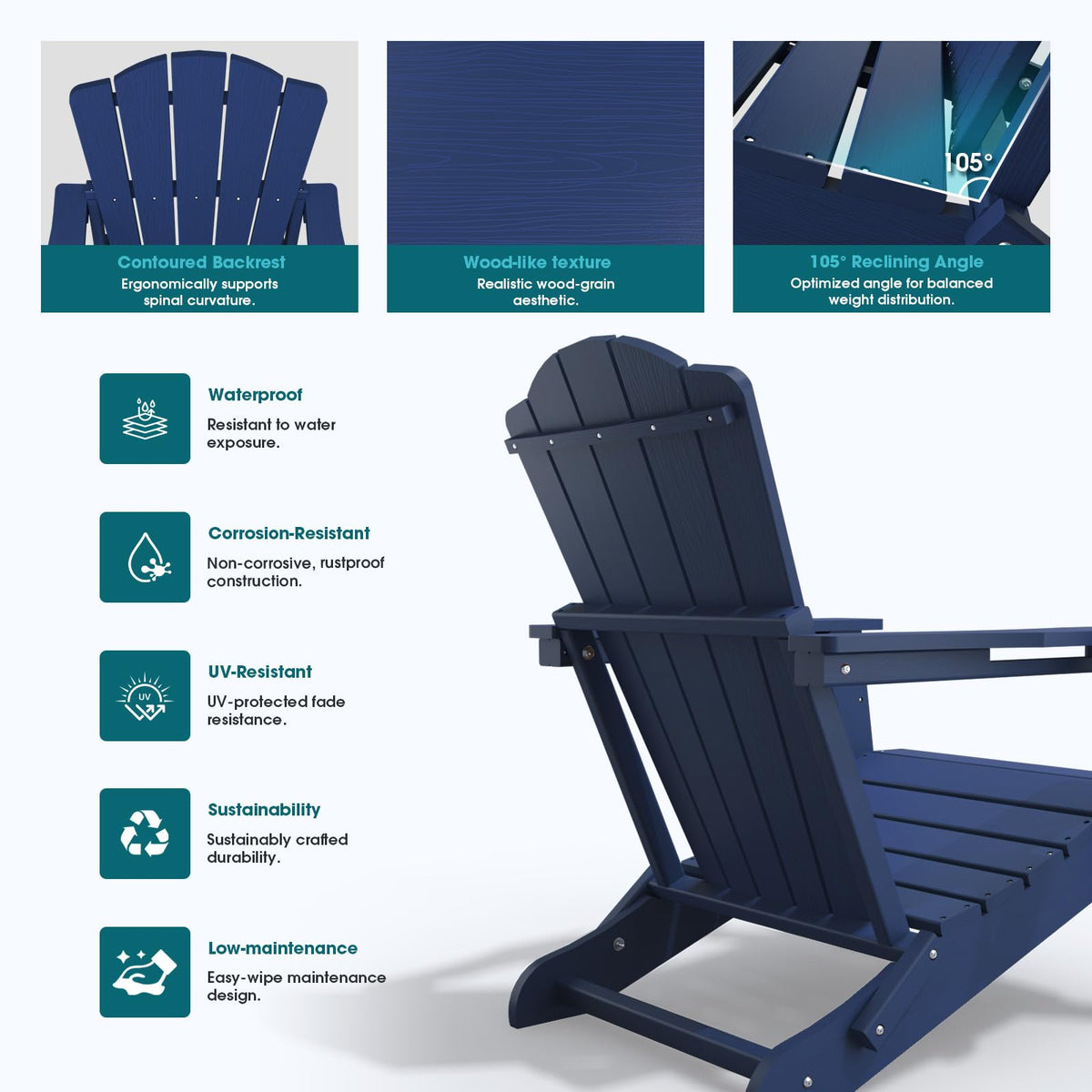 Folding Adirondack Chair Set of 2 HDPE All-Weather Outdoor Chair U625