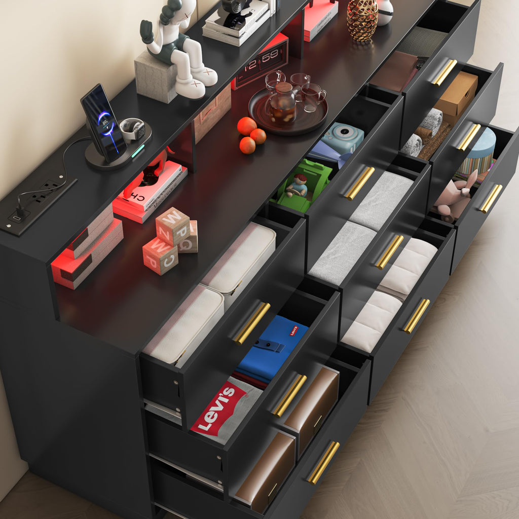 Black 9 Drawer Wood Dresser with LED Light and Power Outlet V72047