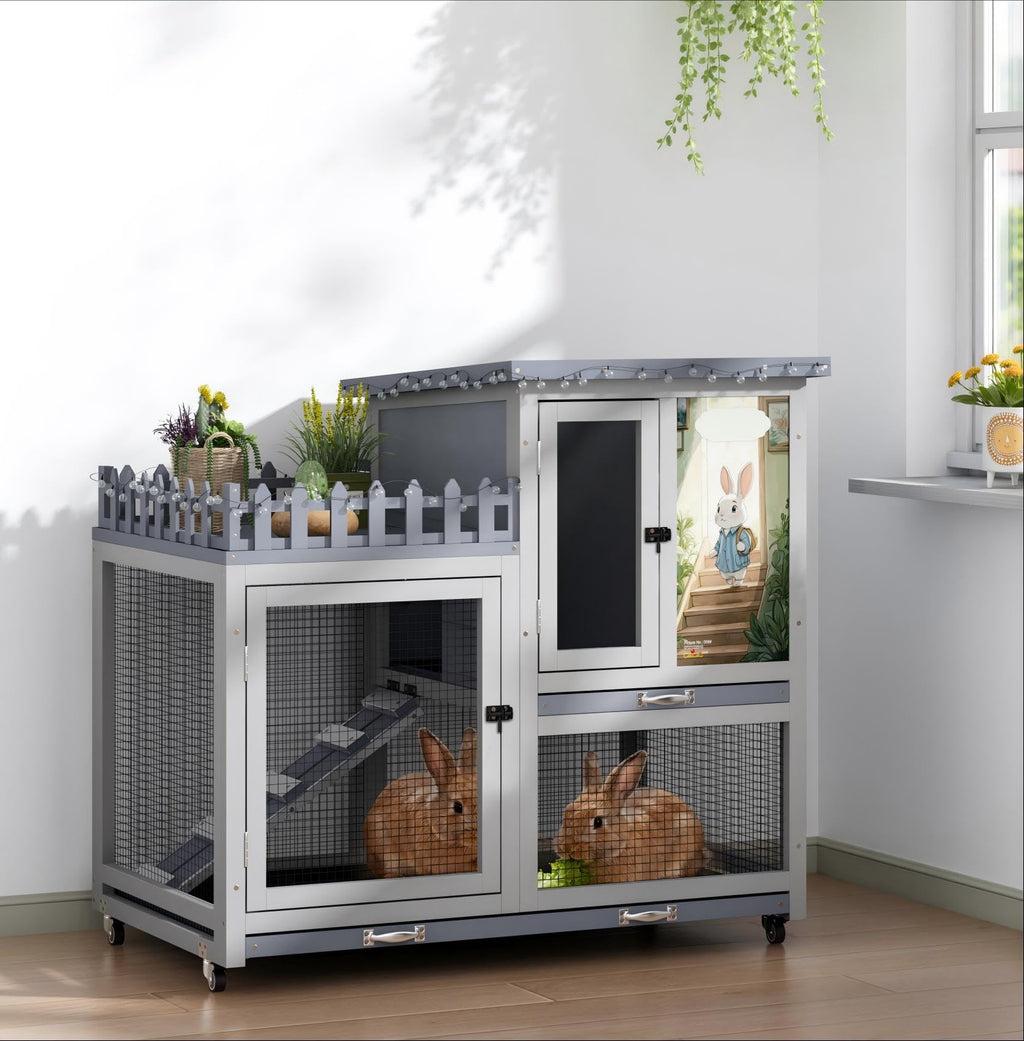 Wood Rabbit Hutch with Balcony on Wheels C21905