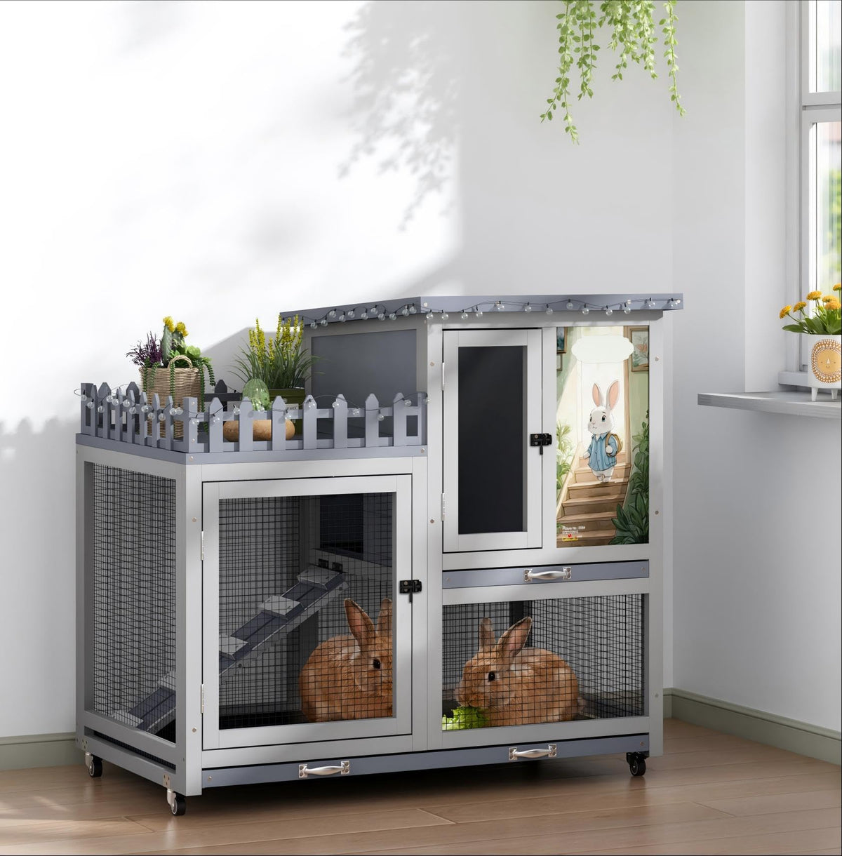 Wood Rabbit Hutch with Balcony on Wheels C21905