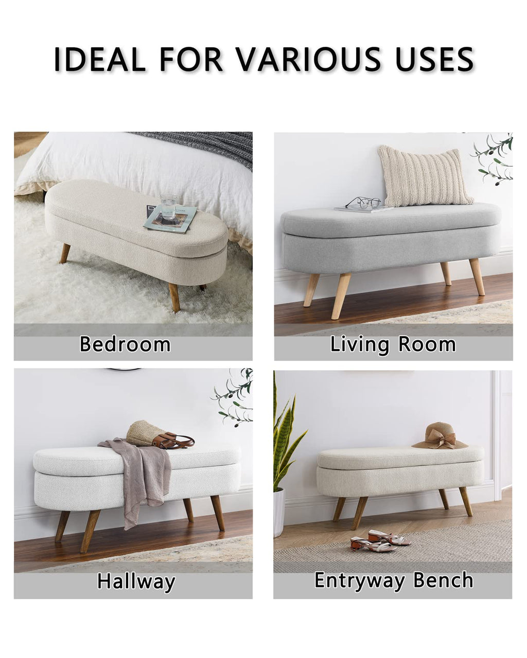 Oval Linen Fabric Upholstered Storage Bench with Solid Wood Legs K893632
