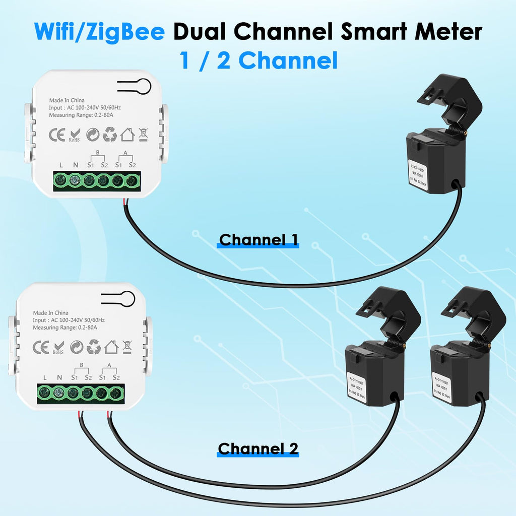 Smart Home Energy Monitor 2×80A Dual-Channel WiFi Energy Meter with App Control M385910