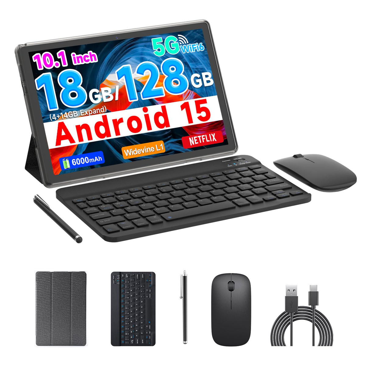 Android 15 Tablet 18GB RAM 128GB ROM 10 inch Black F8550