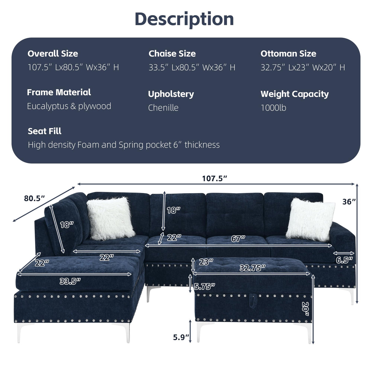 108'' Chenille Navy Blue L-Shaped Sectional Sofa with Storage Ottoman J8758