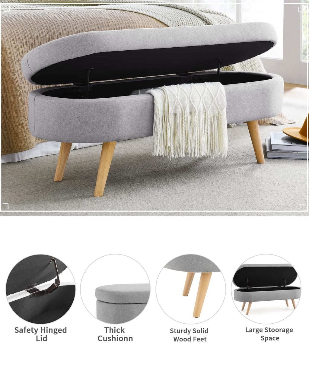Oval Linen Fabric Upholstered Storage Bench with Solid Wood Legs K893632