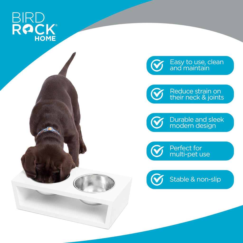 White Double Raised Pet Feeder with Stainless Steel Bowls C2942