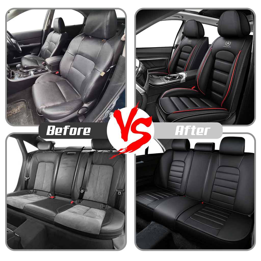 Waterproof Nappa Leather Car Seat Covers Standard 5 Seats Black & Red B60178