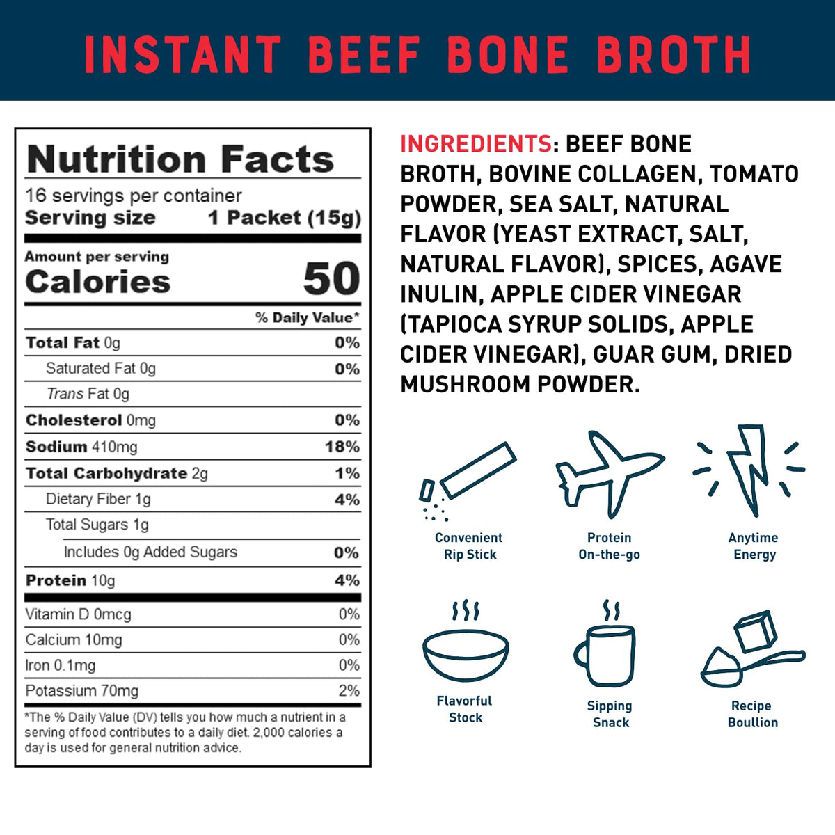 Beef Bone Broth Instant Powder Mix Packets 16 Pack G816