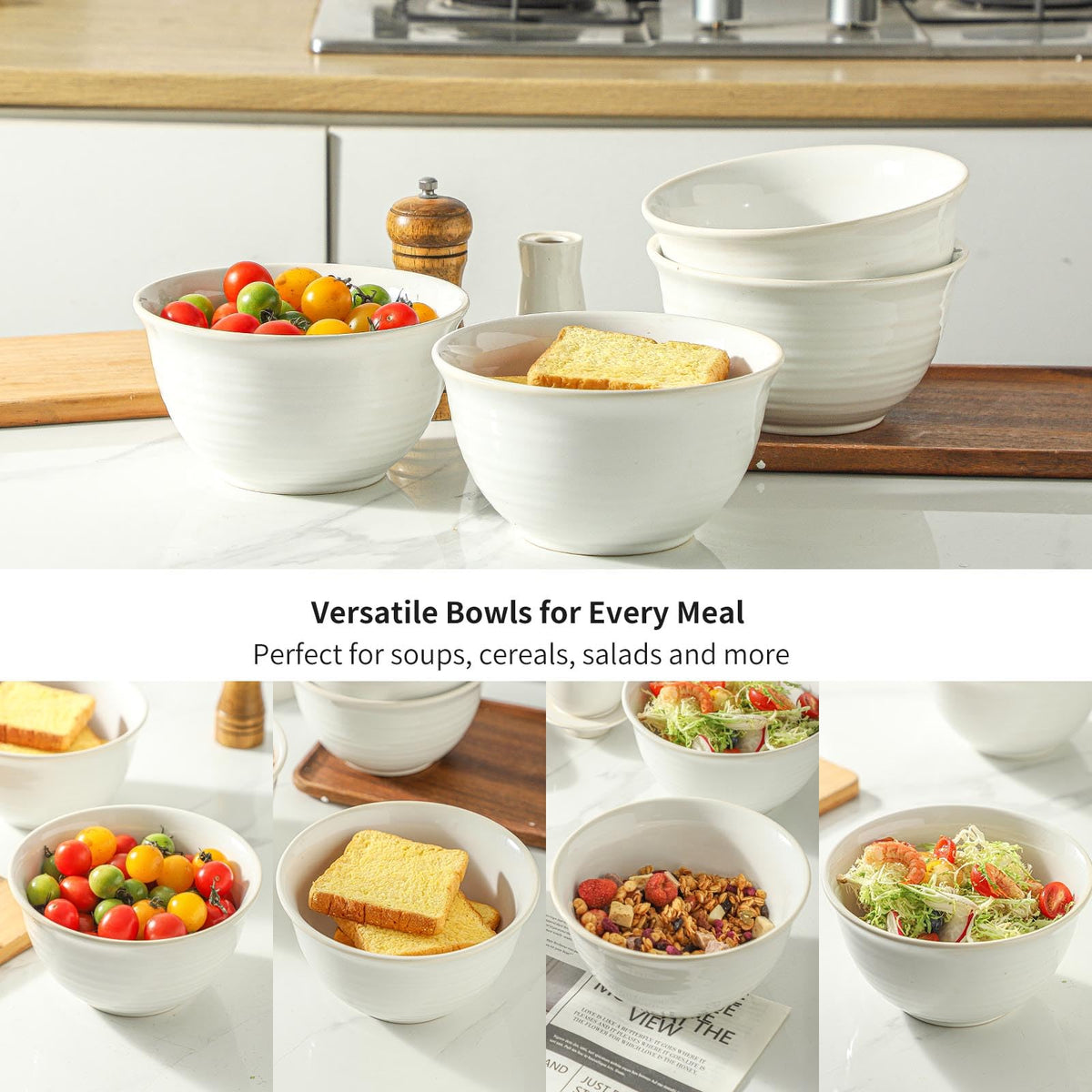 40 Ounce Deep Ceramic Soup Bowls, Microwave Safe & Dishwasher Safe, Creamy White O60225