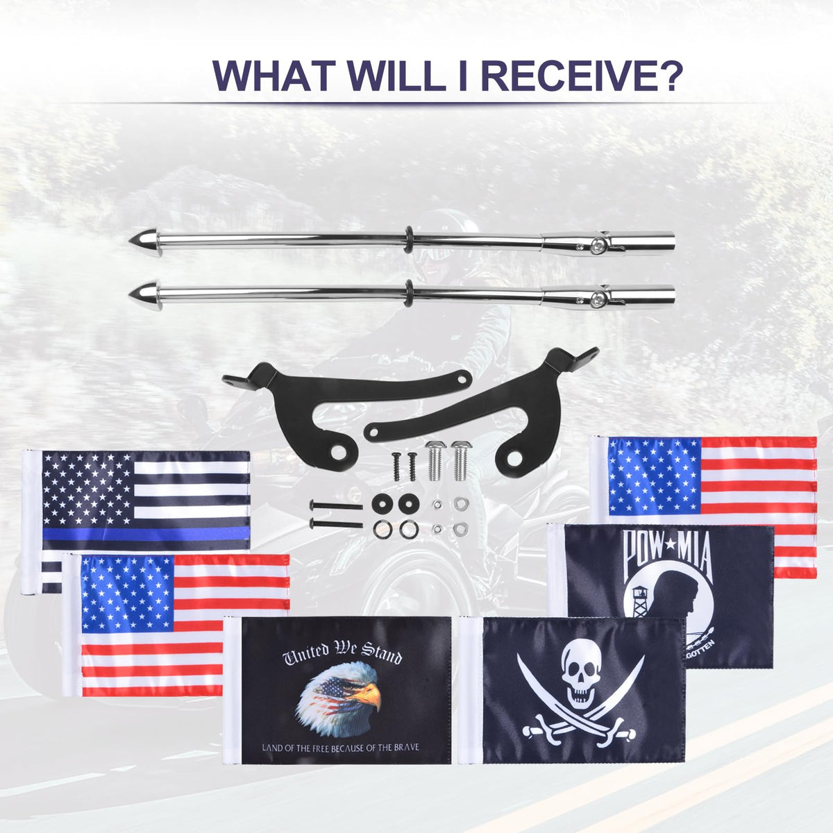 2 Pack Stainless Steel Flag Pole Mount Kit with 6pcs Flags A432