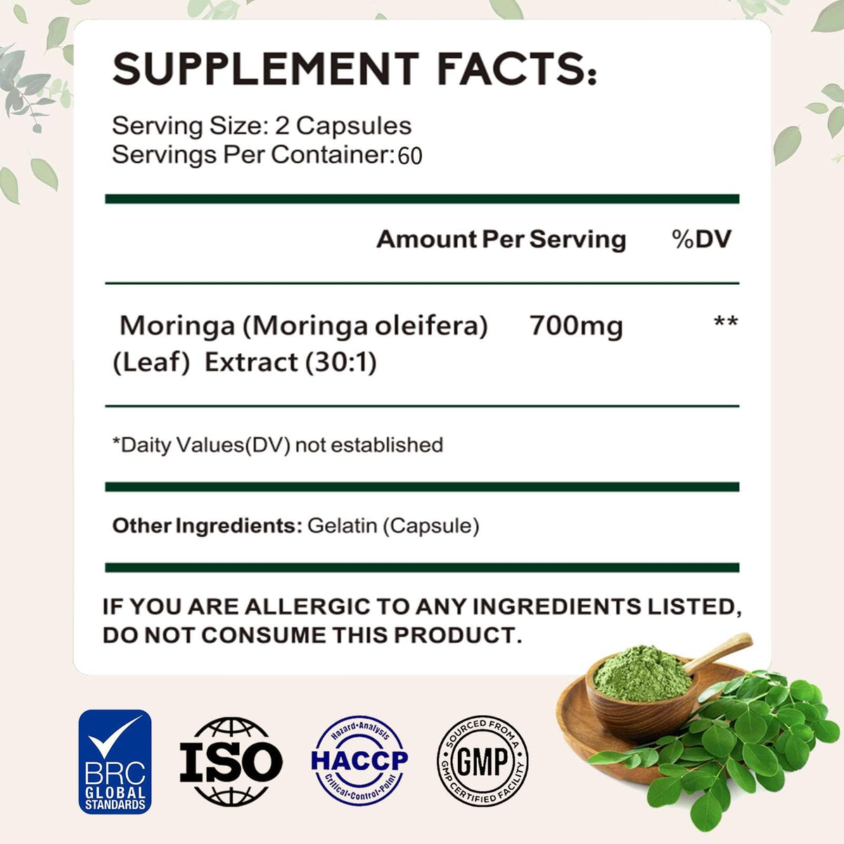 Moringa Oleifera Leaf Extract 120 Capsules 700 mg M405