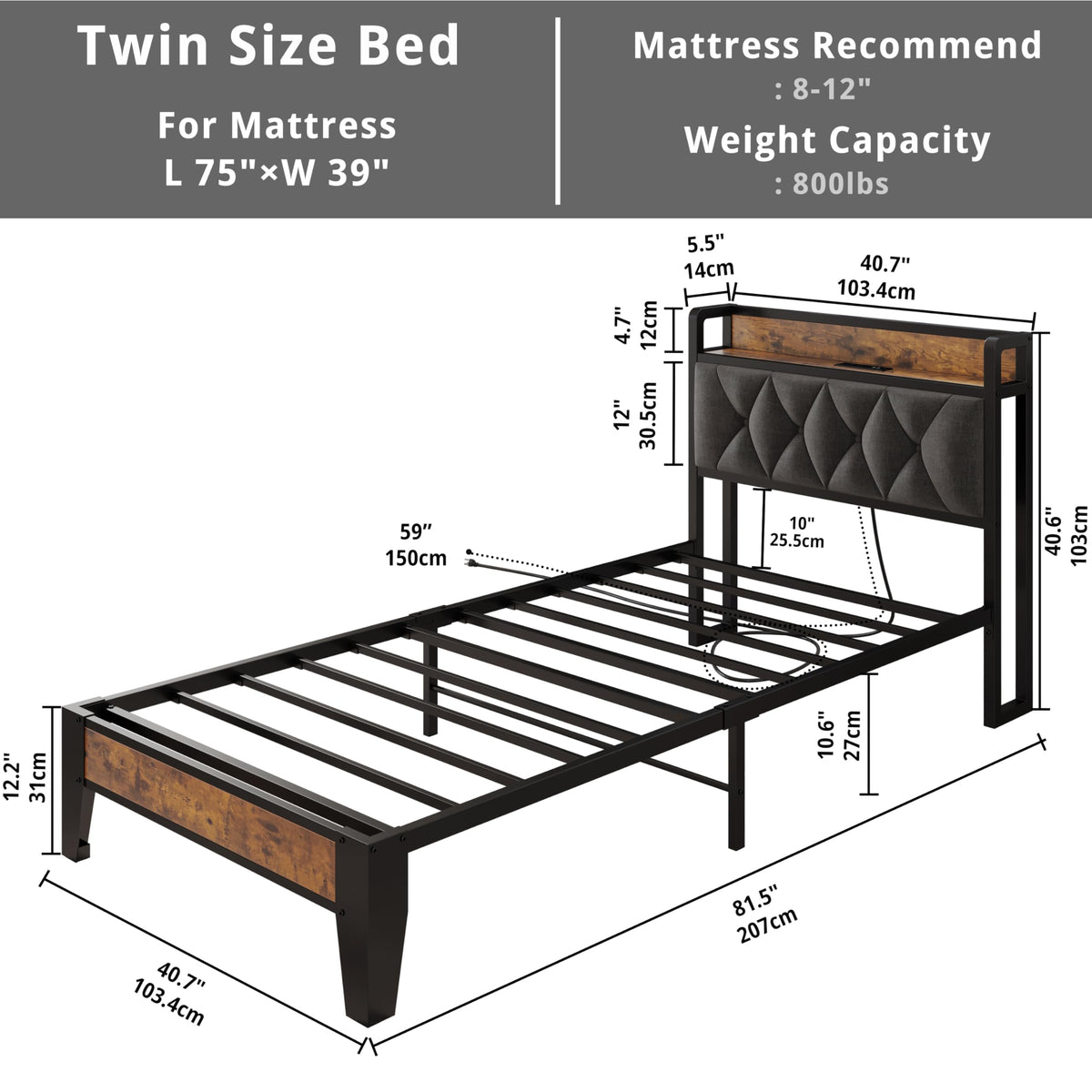 Twin Bed Frame with Storage Headboard M5362