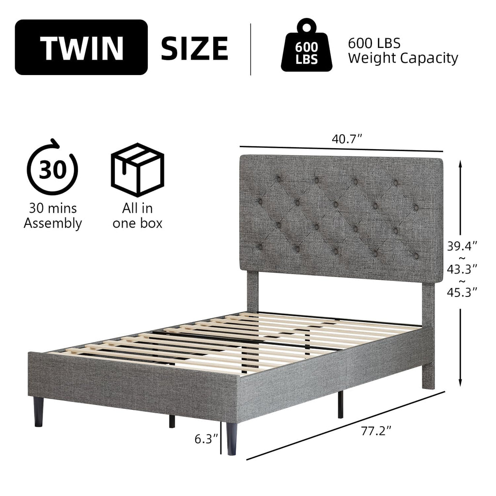 Light Grey Twin Bed Frame with Adjustable Tufted Headboard P2278