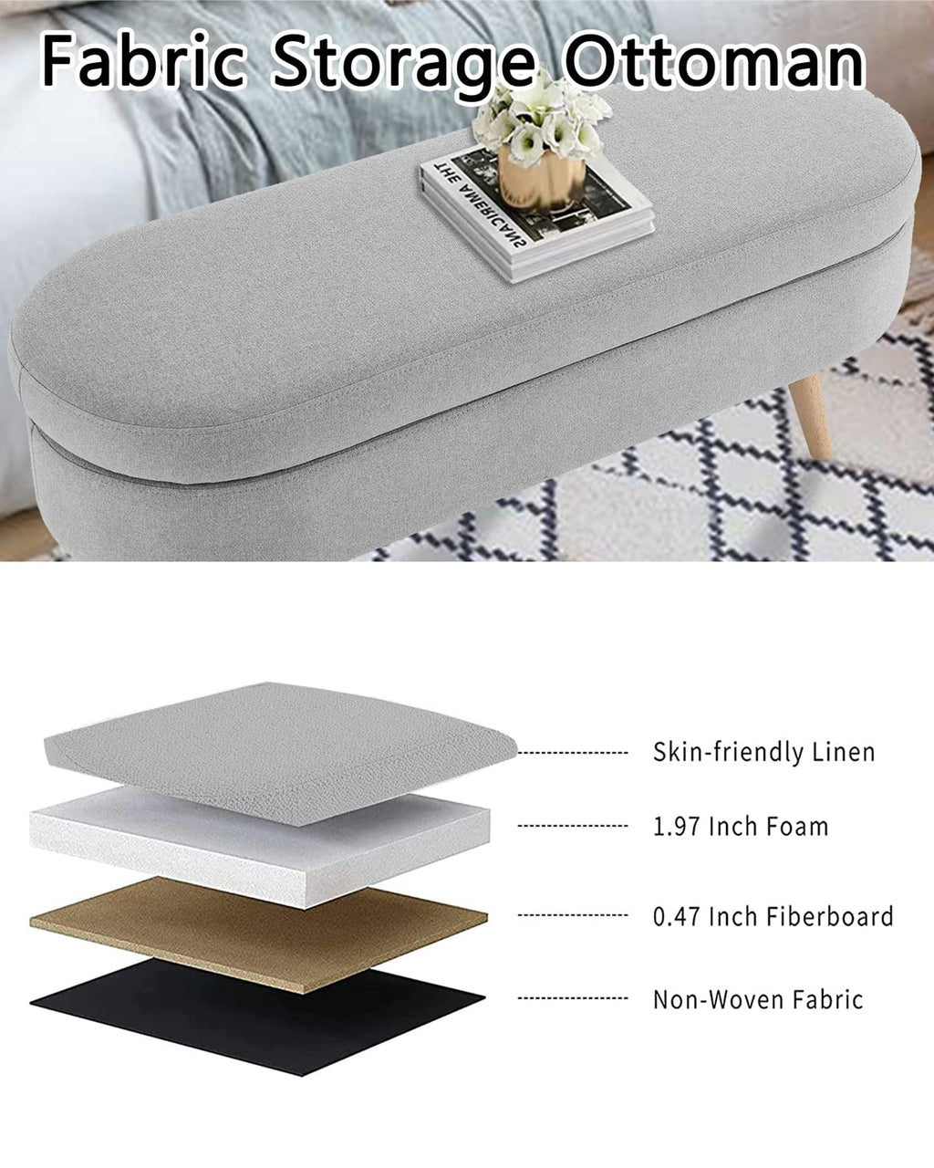 Oval Linen Fabric Upholstered Storage Bench with Solid Wood Legs K893632
