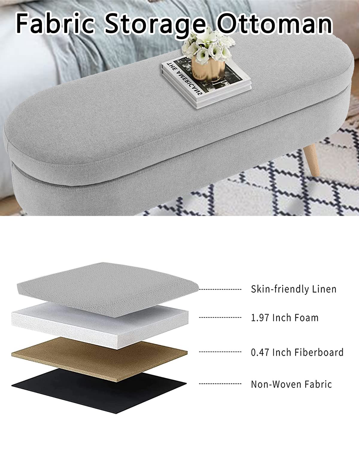 Oval Linen Fabric Upholstered Storage Bench with Solid Wood Legs K893632