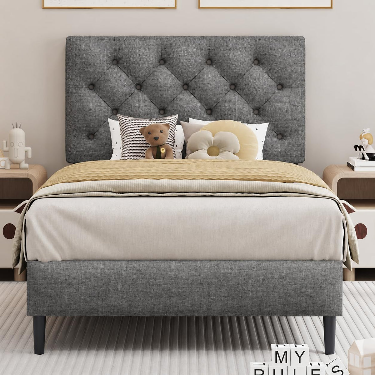 Light Grey Twin Bed Frame with Adjustable Tufted Headboard P2278