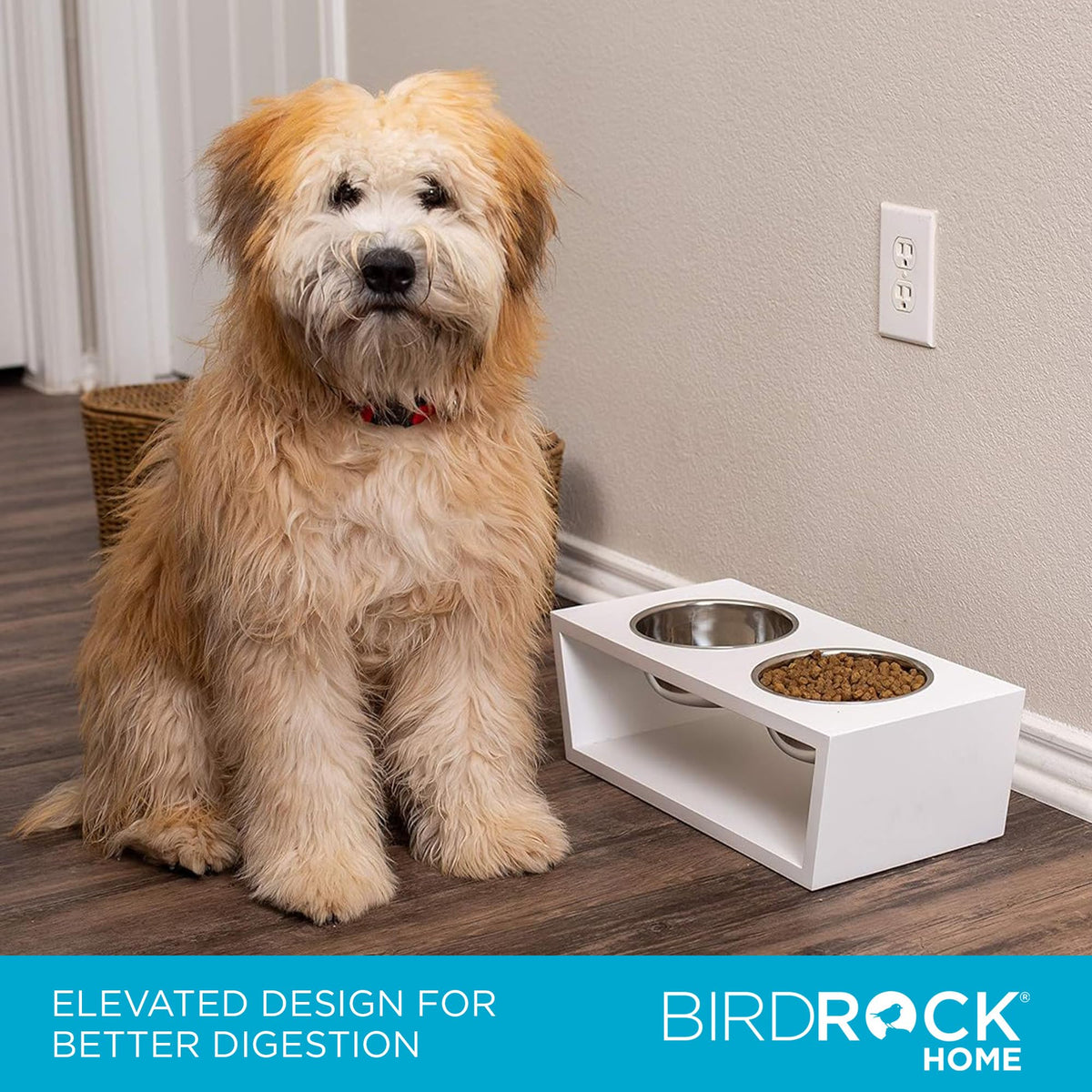 White Double Raised Pet Feeder with Stainless Steel Bowls C2942