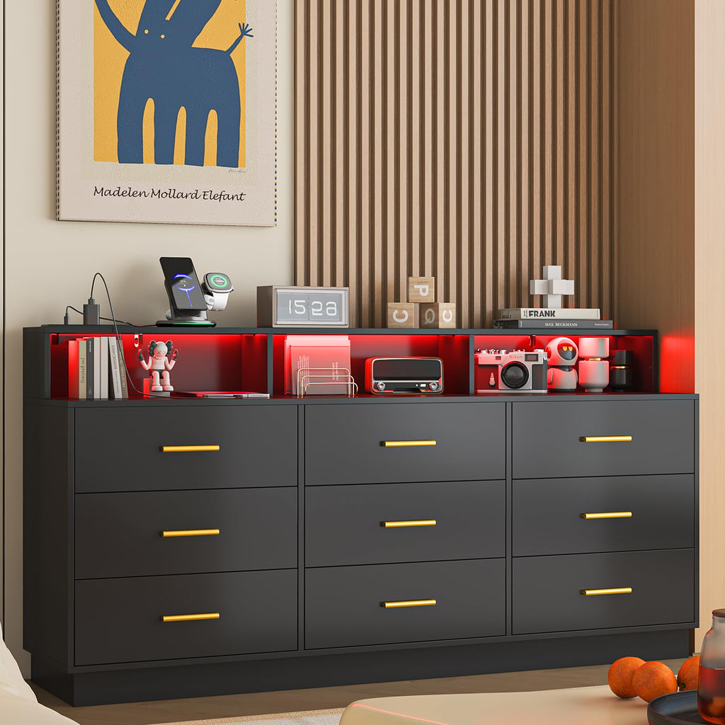 Black 9 Drawer Wood Dresser with LED Light and Power Outlet V72047